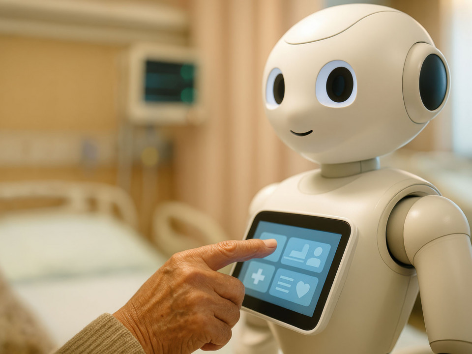 Person interacting with an assistive robot in a hospital, illustrating trust and human oversight in healthcare AI.