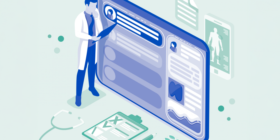 Illustration of a doctor reviewing a digital patient record, representing the use and governance of health data. A work of the iRights.Lab.